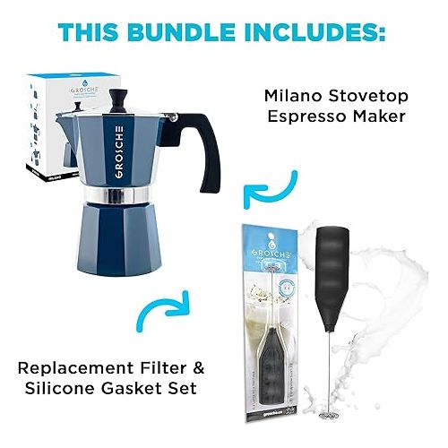  GROSCHE Milano Stove top espresso maker (6 espresso cup size 9.3 oz) Blue, and battery operated milk frother bundle for lattes