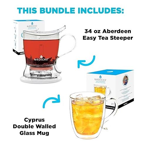  GROSCHE Aberdeen 34 oz tea pot and bottom dispensing tea steeper and Cyprus Large 16 oz double walled glass mug set