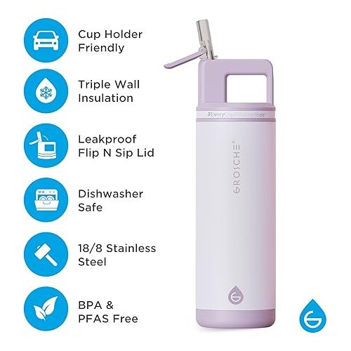  GROSCHE ALPINE Flip n' Sip 20 oz Stainless Steel vacuum insulated flask - Lavender water bottle- Coldest Water Bottle straw water bottle, travel or gym water bottle, leakproof