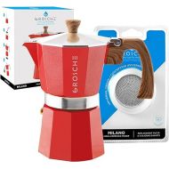 GROSCHE Milano Stovetop Espresso Maker Moka pot 6 espresso Cup - 9.3 oz, Red and 3 Replacement Seals Gaskets Bundle Stove top coffee maker Moka Italian espresso coffee maker and replacement gaskets