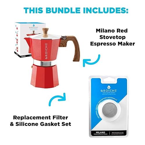  GROSCHE Milano Stovetop Espresso Maker Moka pot 6 espresso Cup - 9.3 oz, Red and 3 Replacement Seals Gaskets Bundle Stove top coffee maker Moka Italian espresso coffee maker and replacement gaskets