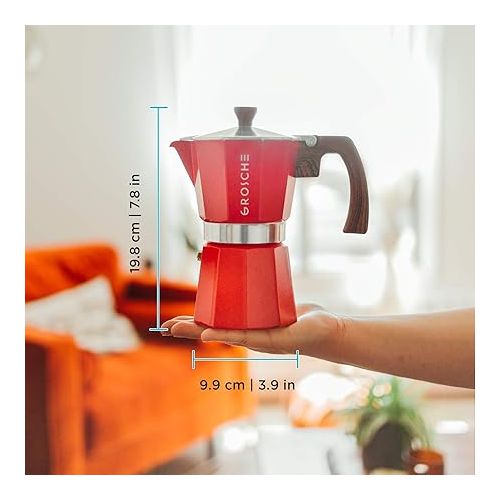  GROSCHE Milano Stovetop Espresso Maker Moka pot 6 espresso Cup - 9.3 oz, Red and 3 Replacement Seals Gaskets Bundle Stove top coffee maker Moka Italian espresso coffee maker and replacement gaskets