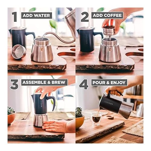  GROSCHE Milano Steel | 6 Espresso Cup | Stovetop Espresso Maker: Stainless Steel Moka Pot for Greca, Induction, Electric & Gas Stoves | Dishwasher Safe Stovetop Espresso Maker Moka Pot