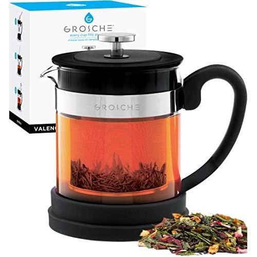  GROSCHE Valencia Personal Sized Teapot 20 oz. / 600 ml Made with Borosilicate Glass, Stainless Steel and Silicone (Black)