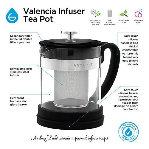  GROSCHE Valencia Personal Sized Teapot 20 oz. / 600 ml Made with Borosilicate Glass, Stainless Steel and Silicone (Black)