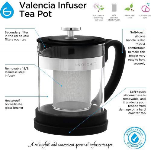  GROSCHE Valencia Personal Sized Teapot 20 oz. / 600 ml Made with Borosilicate Glass, Stainless Steel and Silicone (Black)