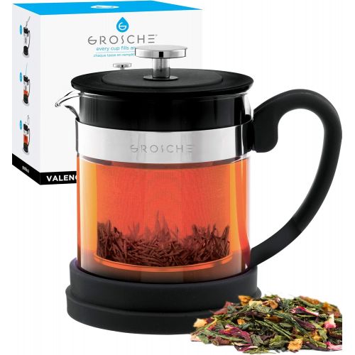  GROSCHE Valencia Personal Sized Teapot 20 oz. / 600 ml Made with Borosilicate Glass, Stainless Steel and Silicone (Black)