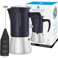 GROSCHE Milano Steel | 6 Espresso Cup | Stovetop Espresso Maker: Stainless Steel Moka Pot for Greca | Dishwasher Safe Stovetop Espresso Maker Moka Pot With EZ Latte Milk Frother Wand (Black)