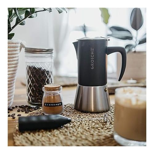  GROSCHE Milano Steel | 6 Espresso Cup | Stovetop Espresso Maker: Stainless Steel Moka Pot for Greca | Dishwasher Safe Stovetop Espresso Maker Moka Pot With EZ Latte Milk Frother Wand (Black)