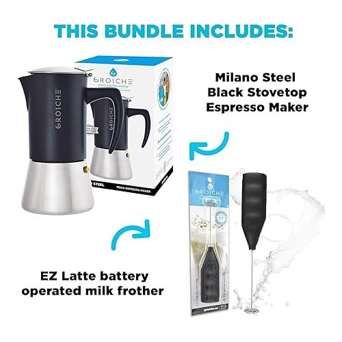  GROSCHE Milano Steel | 10 Espresso Cup | Stovetop Espresso Maker: Stainless Steel Moka Pot for Greca | Dishwasher Safe Stovetop Espresso Maker Moka Pot With EZ Latte Milk Frother Wand (Black)