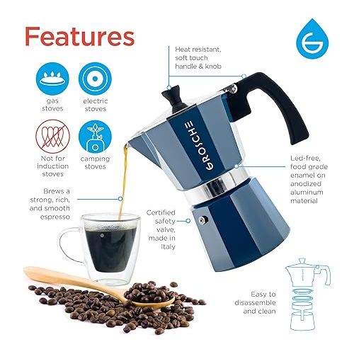  GROSCHE Milano Stovetop Espresso Maker Moka Pot 3 espresso Cup - 5 oz, Blue -Moka Espresso Coffee Maker Stove top coffee maker Moka Italian espresso greca coffee maker brewer percolator