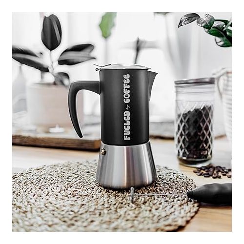  GROSCHE Milano Steel | 10 Espresso Cup | Custom Laser Engraved FUELED BY COFFEE Stovetop Espresso Maker | Gift Ideas | Birthday Gift | Coffee Lover