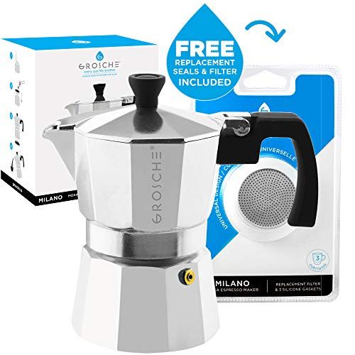  GROSCHE Milano Stovetop Espresso Maker Moka pot 3 Espresso Cup - 5 oz, Silver and 3 Replacement Seals Gaskets Bundle Stove top coffee Maker Moka Italian Espresso coffee Maker and r