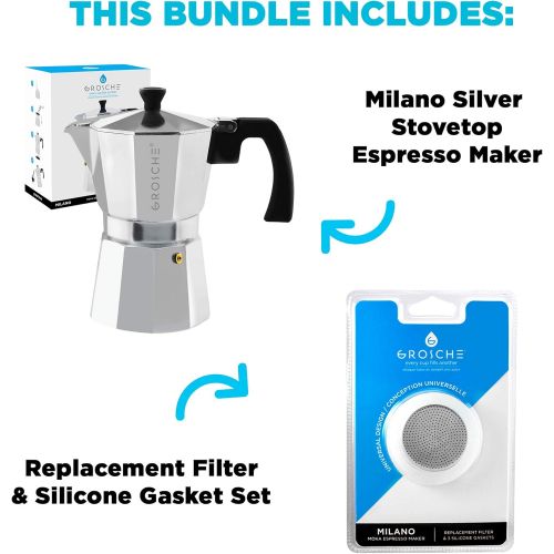  GROSCHE Milano Stovetop Espresso Maker Moka pot 3 Espresso Cup - 5 oz, Silver and 3 Replacement Seals Gaskets Bundle Stove top coffee Maker Moka Italian Espresso coffee Maker and r