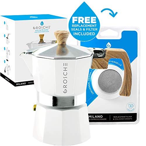  GROSCHE Milano Stovetop Espresso Maker Moka pot 3 Espresso Cup - 5 oz, White and 3 Replacement Seals Gaskets Bundle Stove top coffee Maker Moka Italian Espresso coffee Maker and re