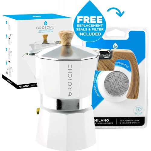  GROSCHE Milano Stovetop Espresso Maker Moka pot 3 Espresso Cup - 5 oz, White and 3 Replacement Seals Gaskets Bundle Stove top coffee Maker Moka Italian Espresso coffee Maker and re