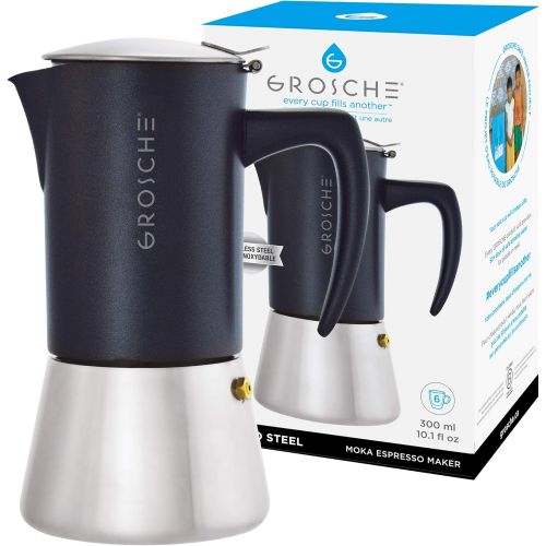  GROSCHE Milano Steel 6 espresso cup Stainless Steel Stovetop espresso Maker Moka pot - Cuban Coffee Maker Italian espresso Greca Coffee Maker for Induction gas or electric stoves