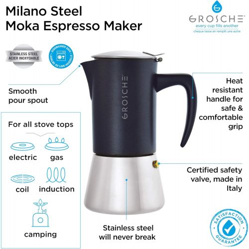  GROSCHE Milano Steel 6 espresso cup Stainless Steel Stovetop espresso Maker Moka pot - Cuban Coffee Maker Italian espresso Greca Coffee Maker for Induction gas or electric stoves