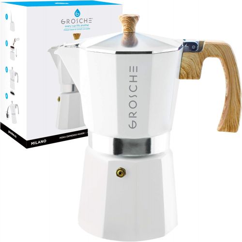  GROSCHE Milano Stovetop Espresso Maker Moka Pot 9 Espresso Cup- 15.2 oz, White - Cuban Coffee Maker Stove top Coffee Maker Moka Italian Espresso greca Coffee Maker brewer percolato