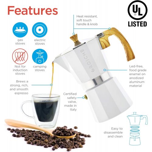  GROSCHE Milano Stovetop Espresso Maker Moka pot 3 Espresso Cup - 5 oz, White - Cuban Coffee Maker Stove top Coffee Maker Moka Italian Espresso greca Coffee Maker brewer percolator