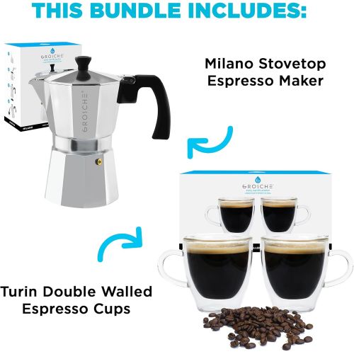  GROSCHE Milano Stovetop Espresso Maker Silver 3 Espresso cup size and Turin Double Walled Espresso Cups