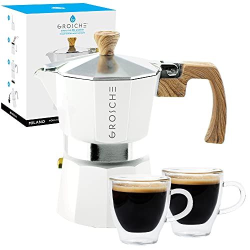  GROSCHE Milano Stovetop Espresso Maker White 3 Espresso cup size and Turin Double Walled Espresso Cups