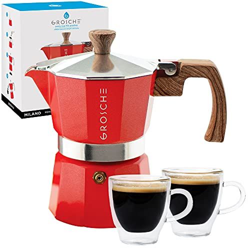  GROSCHE Milano Stovetop Espresso Maker Red 3 Espresso cup size and Turin Double Walled Espresso Cups