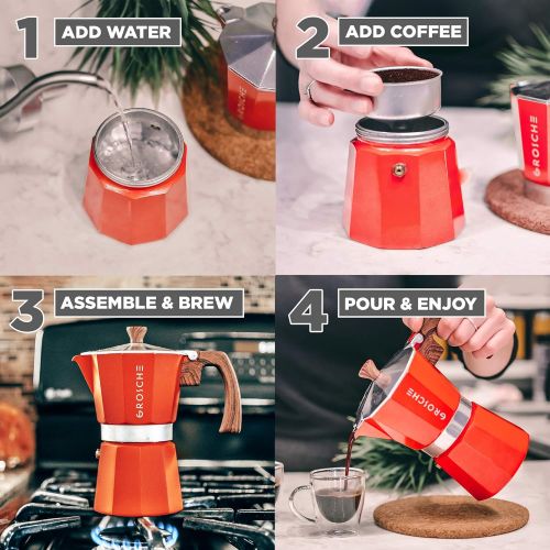  GROSCHE Milano Stovetop Espresso Maker Red 3 Espresso cup size and Turin Double Walled Espresso Cups