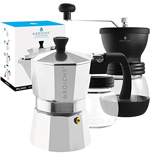  GROSCHE Milano Stovetop Espresso Maker Silver 3 Espresso cup size and Bremen Manual Coffee grinder Bundle includes moka pot and grinder