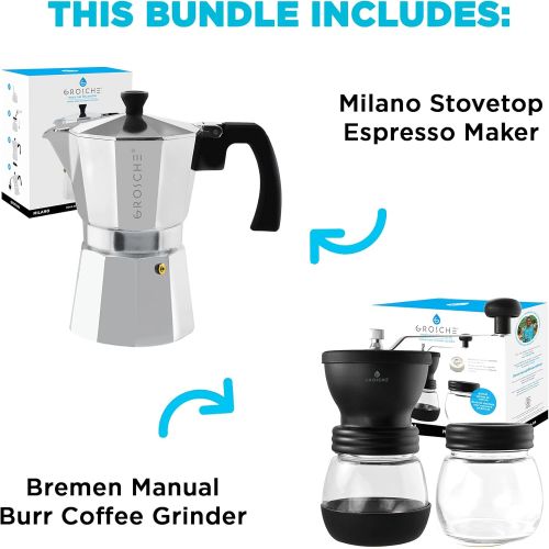  GROSCHE Milano Stovetop Espresso Maker Silver 3 Espresso cup size and Bremen Manual Coffee grinder Bundle includes moka pot and grinder