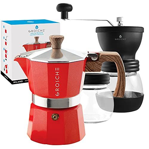  GROSCHE Milano Stovetop Espresso Maker Red 3 Espresso cup size and Bremen Manual Coffee grinder Bundle includes moka pot and grinder