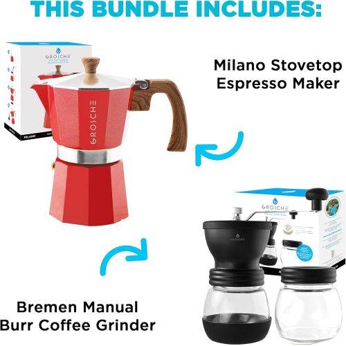  GROSCHE Milano Stovetop Espresso Maker Red 3 Espresso cup size and Bremen Manual Coffee grinder Bundle includes moka pot and grinder