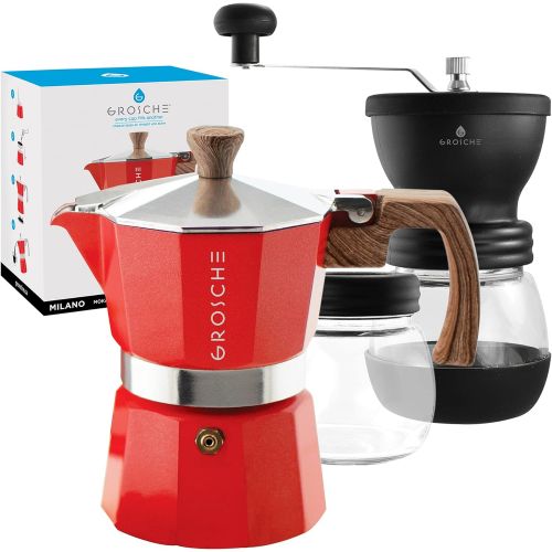  GROSCHE Milano Stovetop Espresso Maker Red 3 Espresso cup size and Bremen Manual Coffee grinder Bundle includes moka pot and grinder