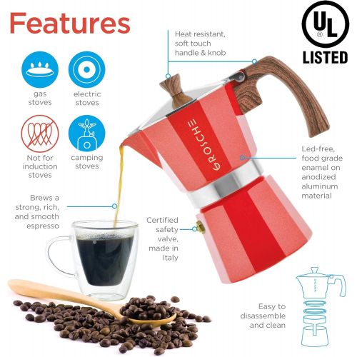  GROSCHE Milano Stovetop Espresso Maker Red 3 Espresso cup size and Bremen Manual Coffee grinder Bundle includes moka pot and grinder