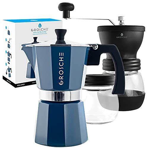  GROSCHE Milano Stovetop Espresso Maker Blue 6 Espresso cup size and Bremen Manual Coffee grinder Bundle includes moka pot and grinder