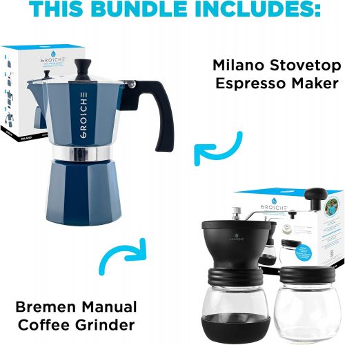  GROSCHE Milano Stovetop Espresso Maker Blue 6 Espresso cup size and Bremen Manual Coffee grinder Bundle includes moka pot and grinder