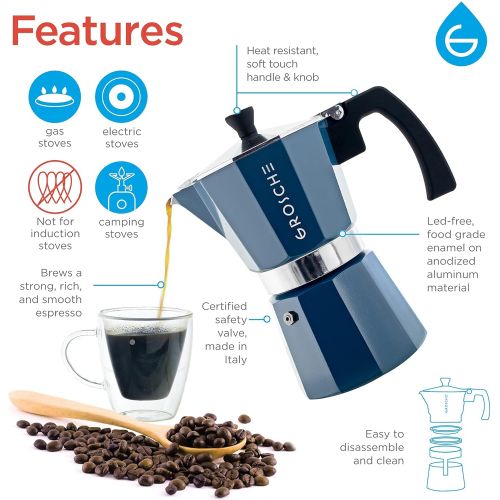  GROSCHE Milano Stovetop Espresso Maker Blue 6 Espresso cup size and Bremen Manual Coffee grinder Bundle includes moka pot and grinder