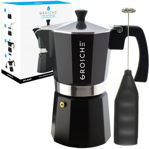  GROSCHE Milano Stove top espresso maker (9 espresso cup size 15.2 oz) Black, and battery operated milk frother bundle for lattes