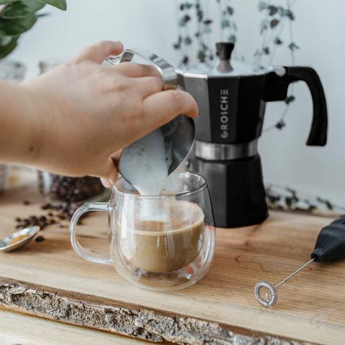  GROSCHE Milano Stove top espresso maker (9 espresso cup size 15.2 oz) Black, and battery operated milk frother bundle for lattes