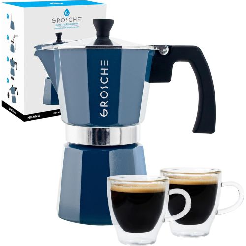  GROSCHE Milano Stovetop Espresso Maker Blue 6 Espresso cup size and Turin Double Walled Espresso Cups