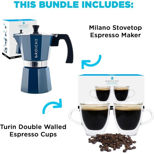  GROSCHE Milano Stovetop Espresso Maker Blue 6 Espresso cup size and Turin Double Walled Espresso Cups