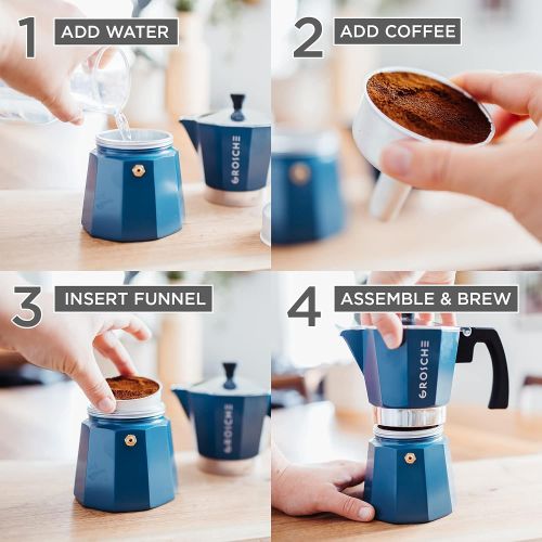  GROSCHE Milano Stovetop Espresso Maker Blue 6 Espresso cup size and Turin Double Walled Espresso Cups