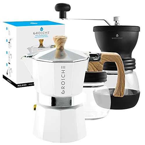  GROSCHE Milano Stovetop Espresso Maker White 3 Espresso cup size and Bremen Manual Coffee grinder Bundle includes moka pot and grinder