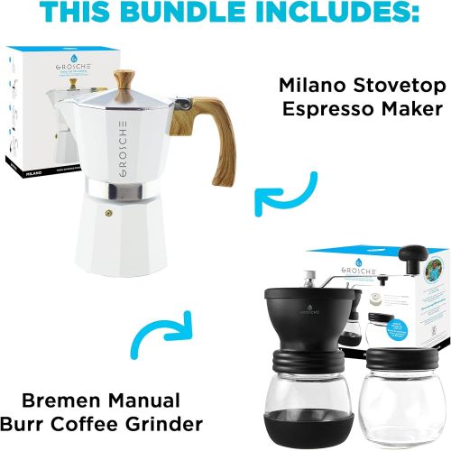  GROSCHE Milano Stovetop Espresso Maker White 3 Espresso cup size and Bremen Manual Coffee grinder Bundle includes moka pot and grinder