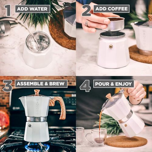  GROSCHE Milano Stovetop Espresso Maker White 3 Espresso cup size and Bremen Manual Coffee grinder Bundle includes moka pot and grinder
