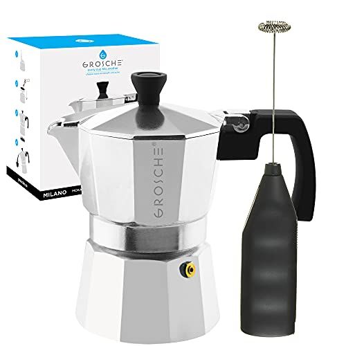  GROSCHE Milano Stove top espresso maker (3 espresso cup size 5 oz) silver, and battery operated milk frother bundle for lattes