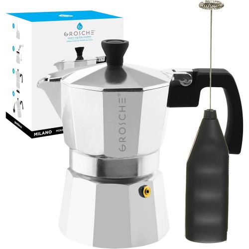  GROSCHE Milano Stove top espresso maker (3 espresso cup size 5 oz) silver, and battery operated milk frother bundle for lattes