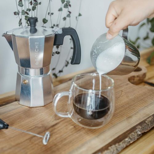  GROSCHE Milano Stove top espresso maker (3 espresso cup size 5 oz) silver, and battery operated milk frother bundle for lattes