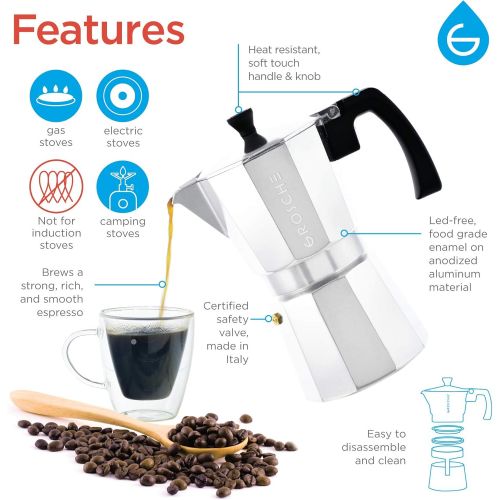  GROSCHE Milano Stove top espresso maker (3 espresso cup size 5 oz) silver, and battery operated milk frother bundle for lattes