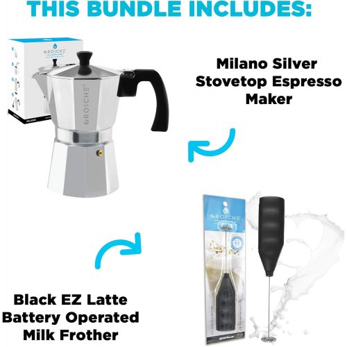  GROSCHE Milano Stove top espresso maker (3 espresso cup size 5 oz) silver, and battery operated milk frother bundle for lattes